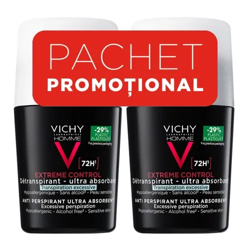 Pachet Deodorant roll-on antiperspirant pentru barbati Control Extrem 72H, 50 ml + 50 ml, Vichy