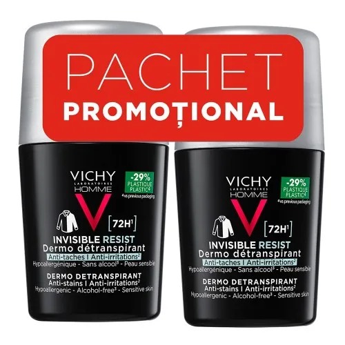 Pachet Deodorant roll-on antiperspirant pentru barbati Invisible Resist 72H, 50 ml + 50 ml, Vichy
