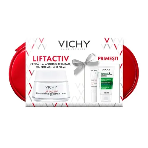 Trusa Crema de zi Liftactiv Hyaluronic Specialist H.A, 50 ml + (UV Age, 15ml + Dercos, 50ml Promo), Vichy