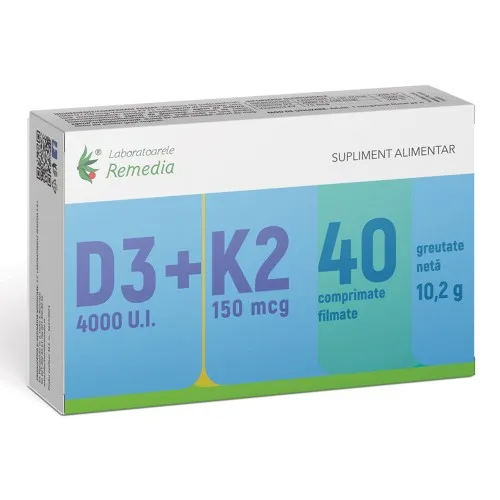Vitamina D3 4000UI + Vitamina K2 150mcg, 40 comprimate filmate, Remedia