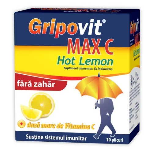 Gripovit Max C Hot Lemon fara Zahar, 10 plicuri, Zdrovit