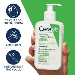 Cremă de curățare spumantă și hidratantă pentru fata, cu ceramide si acid hialuronic, ten normal-uscat , 473 ml, CeraVe