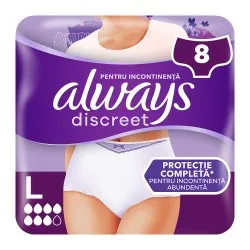 Chiloti pentru incontinenta urinara Always Discreet Plus 6 picaturi, Marimea L, 8 bucati