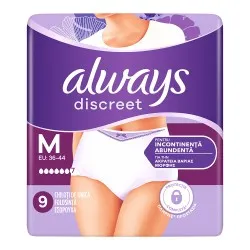 Chiloti pentru incontinenta urinara Always Discreet Plus 6 picaturi, Marimea M , 9 bucati