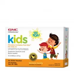 Milestones Kids Microbio Complex Fast Stix, Probiotice Pentru Copii 4+ Ani Cu Aroma De Vanilie Si Banane, 30 Plicuri, Gnc