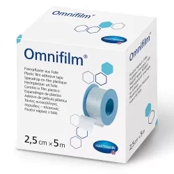 Plasture hipoalergen pe suport de folie transparenta poroasa, 2.5cm x 5m, Omnifilm
