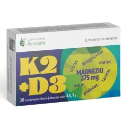 K2+D3+Magneziu 375mg, 30 comprimate filmate, Lab. Remedia