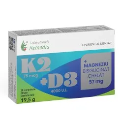 K2+D3+Magneziu Bisglicinat Chelat 57mg, 30 comprimate, Remedia