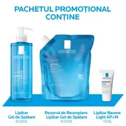 Pachet promotional Lipikar gel de spalare 400ml, Rezerva de reumplere 400ml + Lipikar Baume 15ml, La Roche Posay