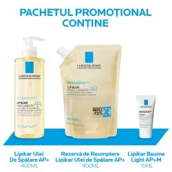 Pachet promotional Ulei de spalare Lipikar AP+ 400ml, Rezerva reumplere 400ml + Lipikar Baume Light AP+ 15ML, La Roche Posay