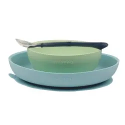 Set Silicon Farfurie si Castronel cu Ventuza si Lingurita (Albastru/Verde), 876773, Nattou Baby