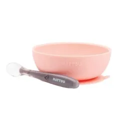Nattou Baby 879590 Set Silicon Castronel cu Ventuza si Lingurita Roz