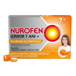 Nurofen Junior cu aroma de portocale 7+ ani, 100 mg, 12 capsule moi masticabile, Reckitt Benckiser