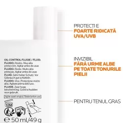 Oil Control Fluid cu protectie solara SPF 50+, pentru fata, textura ultra-fluida ten mixt - gras, 50 ml, Anthelios UVMune 400, La Roche Posay