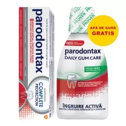 Pachet Pasta de dinti Complete Protection Whitening Parodontax, 75 ml + Apa de gura fara alcool Daily Gum Care Fresh Mint Parodontax, 300 ml, Gsk