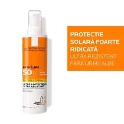 Spray invizibil cu protectie solara SPF 50+ pentru corp, piele sensibila, ultra-rezistent, fara parfum, 200 ml, Anthelios, La Roche Posay