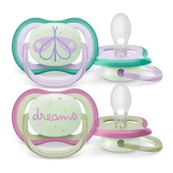Suzeta Ultra Air Inel Fosforescent Roz/Verde 0-6 luni 376/19, 2 buc, Avent Philips