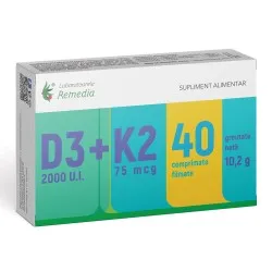 Vitamina D3 2000UI + Vitamina K2 75 mcg, 40 comprimate filmate, Remedia
