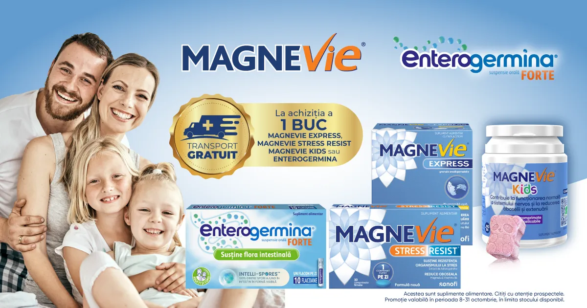 Achizitoneaza orice Magnevie (Kids, Stress Rezist, Express) sau Enterogermina si beneficiezi de transport gratuit la toata comanda