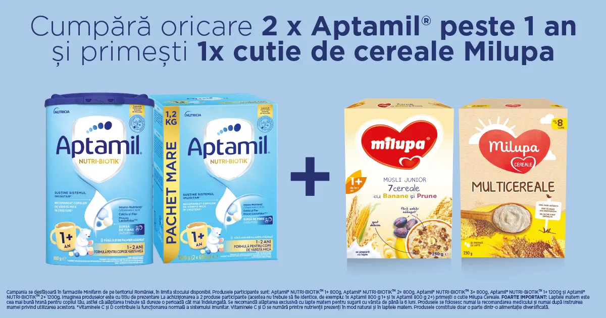 Cumpara oricare 2x Aptamil peste 1 an si primesti o cutie de cereale Milupa
