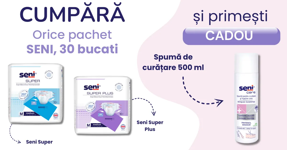 Cumpara orice pachet Seni de 30 de bucati si primesti o spuma Seni pentru curatare si ingrijire corp