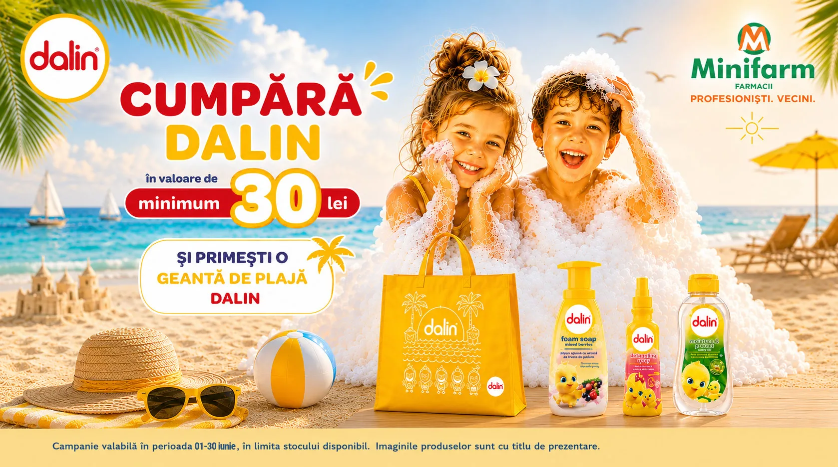 Cumpara produse Dalin in valoare de 30 de lei si primesti o gentuta de plaja