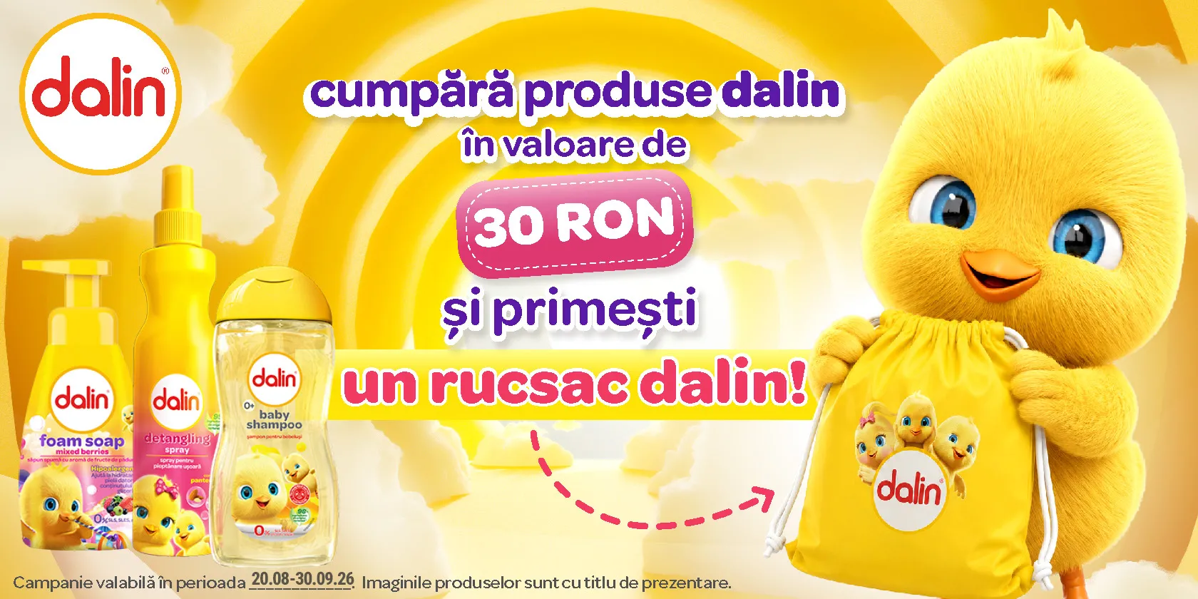 Cumpara produse Dalin in valoare de 30 ron si primesti un rucsac Dalin