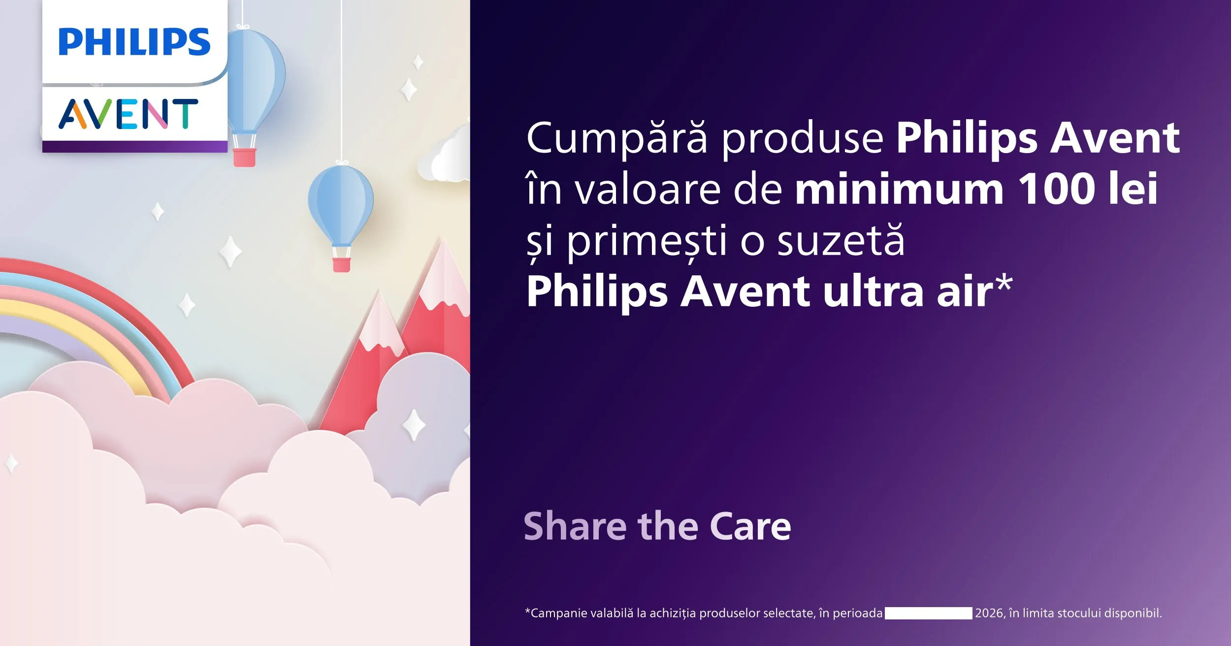 Cumpara produse Philips Avent de minim 100 de lei si primesti o suzeta Phillips Avent Ultra Air 