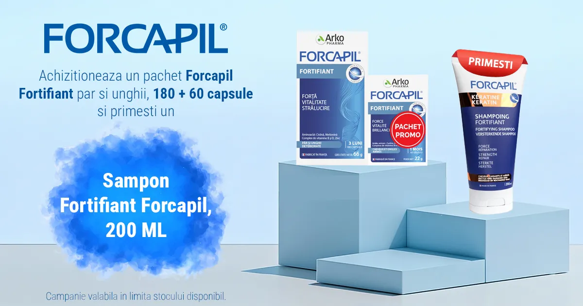 La orice Pachet Forcapil Fortifiant par si unghii, 180 + 60 capsule achizitionat, primesti un sampon fortifiant Forcapil, 200 ML